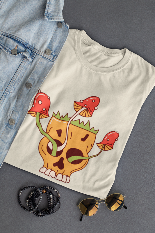 Beige Mushroom Skull Graphic T-shirt